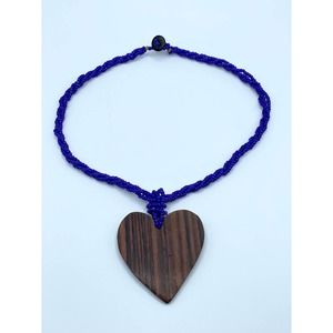 Vintage Chunky Wood Heart Pendant Necklace